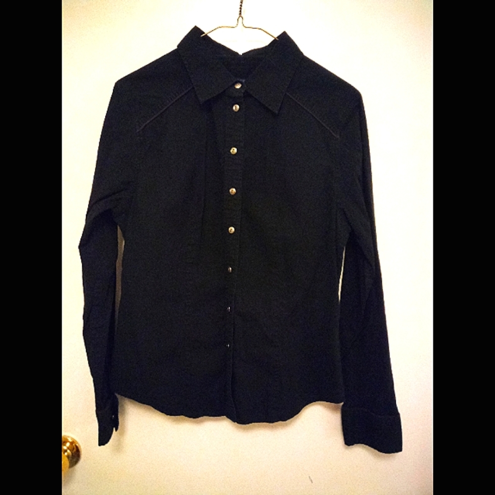 Black Button-down Shirt w/ Metallic Buttons & Brown shoulder/cuff details